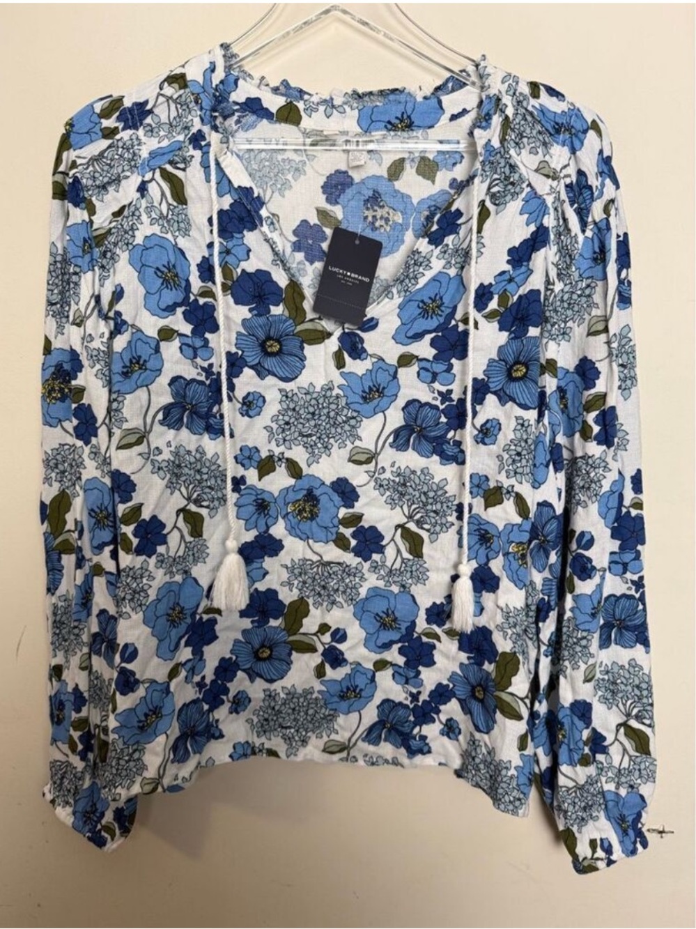 NWT Lucky Brand White tie peasant Blouse Blue Floral Print XL